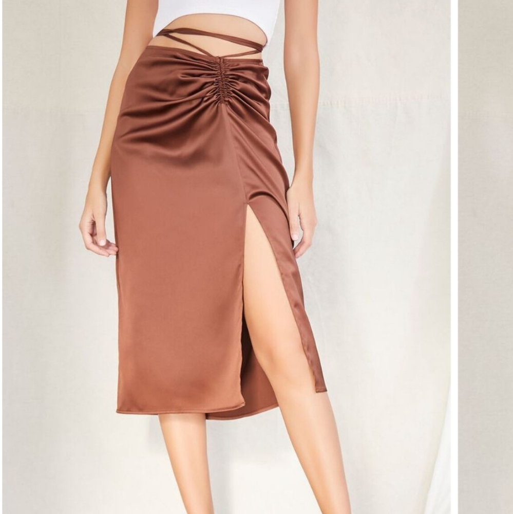 Forever 21 satin brown wrap around tie waist midi skirt size medium